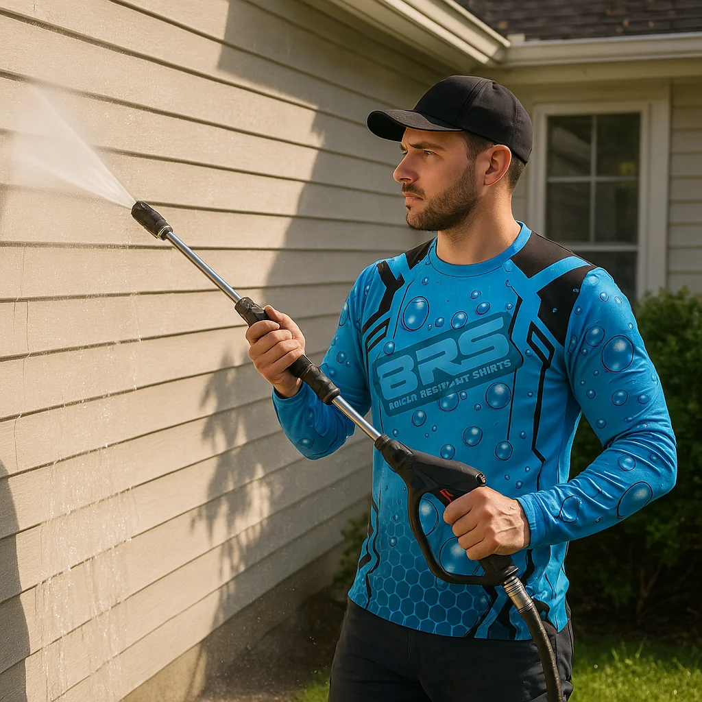 pressure washing technician wearing fade resistant work shirt