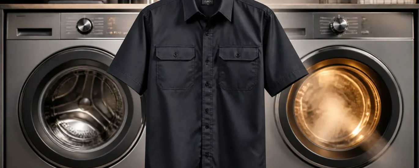 Durable polyester work shirt designed to maintain shape after washing and drying