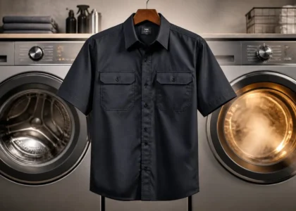 Durable polyester work shirt designed to maintain shape after washing and drying