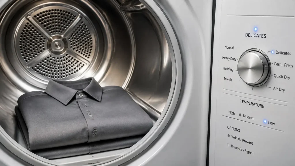 Polyester work shirt drying in a dryer with proper heat settings to prevent shrinkage
