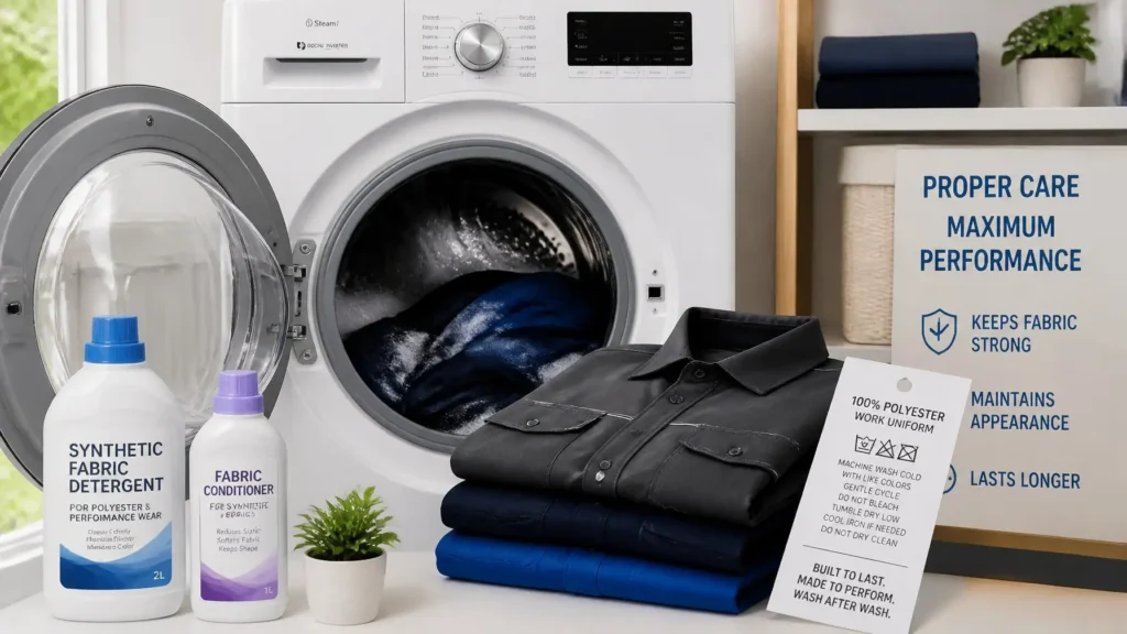 Washing polyester work uniforms to maintain durability and shape after repeated washes