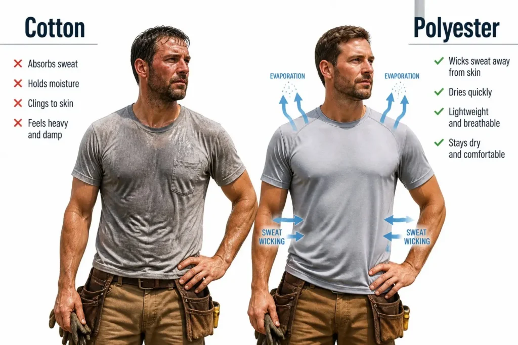 Moisture-wicking comparison between polyester and cotton work shirts during outdoor work