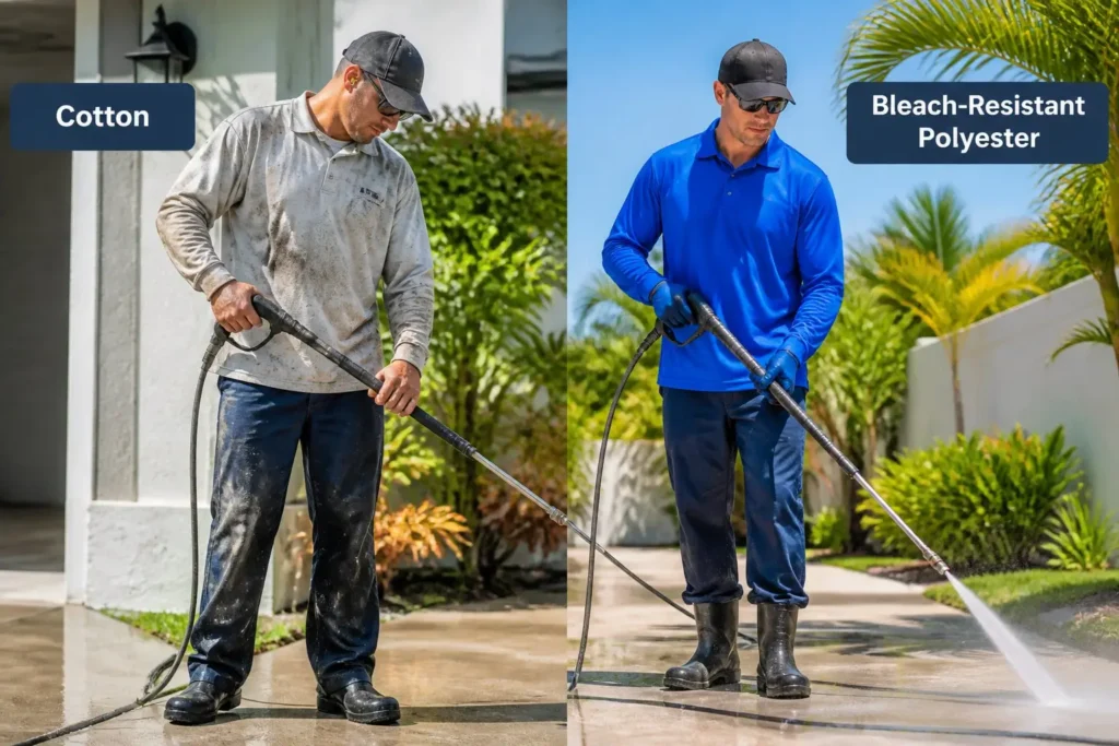 Bleach-resistant polyester work shirt compared to cotton shirt for pressure washing professionals