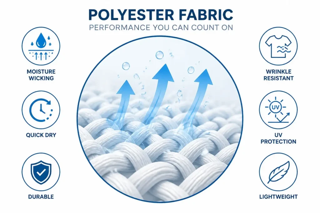 Polyester fabric showing moisture-wicking, quick-drying, and durable performance for work shirts