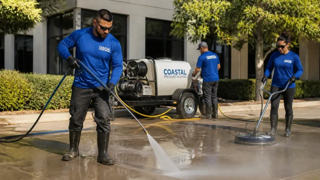 Pressure washing crew wearing matching polyester work shirts for professional uniforms