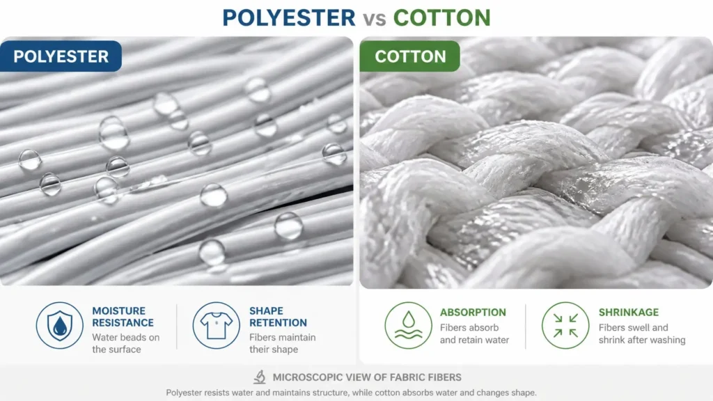 Comparison of polyester and cotton fabrics showing shrink resistance and moisture differences