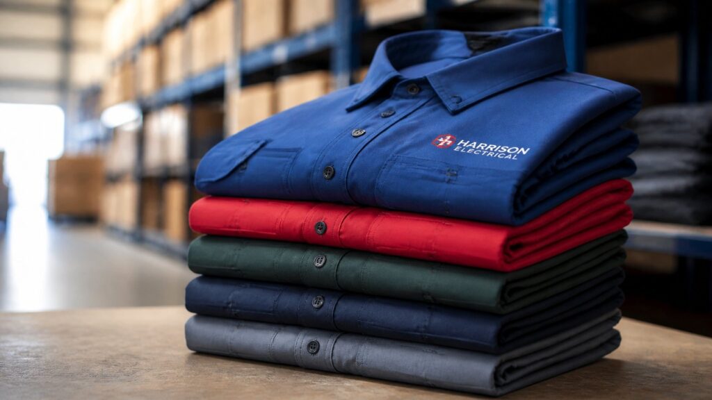 stack of folded custom work shirts for holiday lighting crews