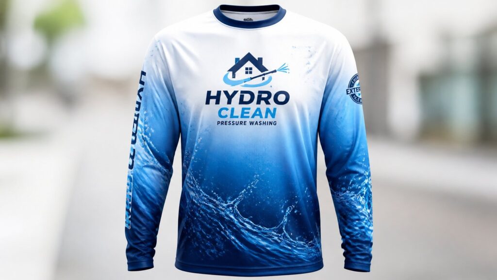 Long sleeve pressure washing shirt with durable and protective fabric