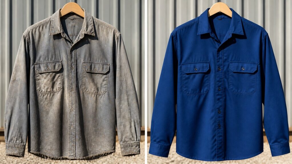 faded gray and vibrant blue work shirts comparison