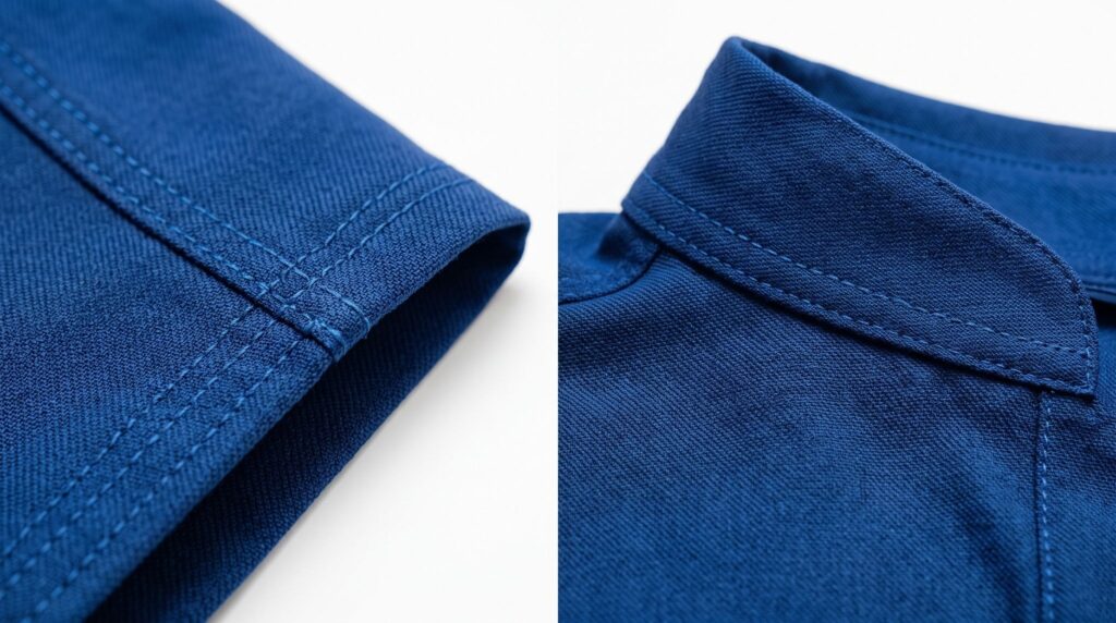 close-up of blue fade resistant work shirt fabric