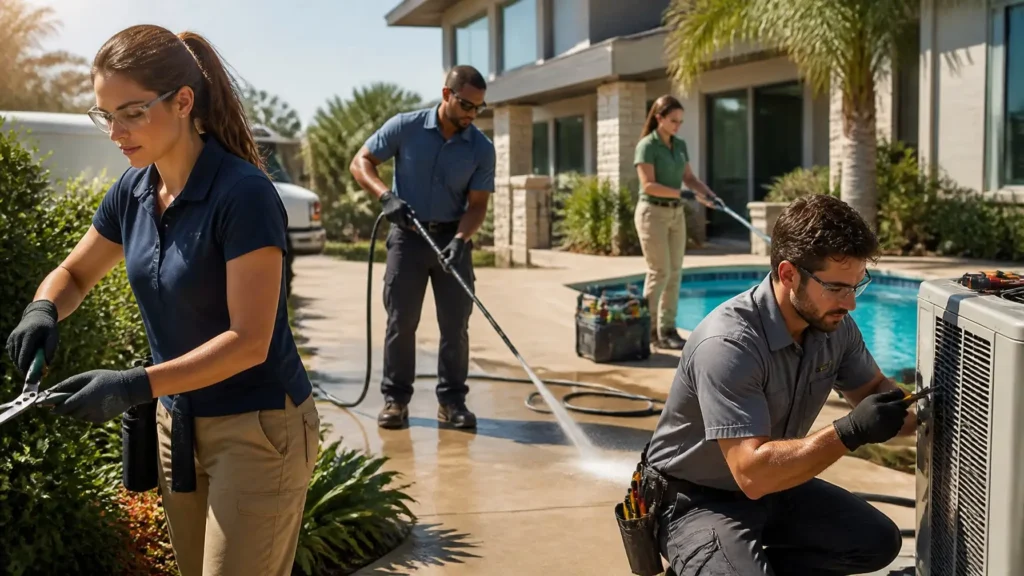 Outdoor workers wearing moisture wicking work shirts in hot conditions