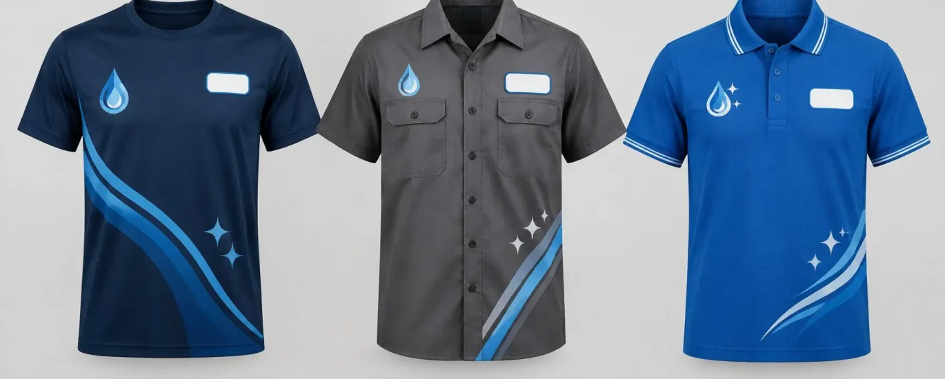 Cleaning business shirt ideas featuring custom logo T-shirts, work shirts, and polo shirts