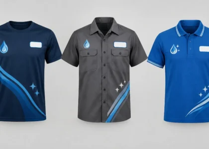 Cleaning business shirt ideas featuring custom logo T-shirts, work shirts, and polo shirts