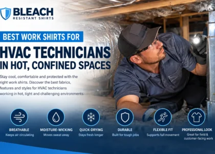 HVAC technician wearing a work shirt while working in a confined attic space.