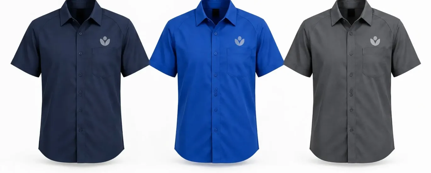 Custom commercial cleaning uniforms in navy blue, royal blue, and charcoal