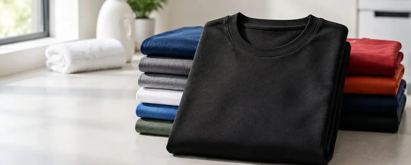 Black and colorful T-shirts arranged to illustrate how to prevent shirts from fading