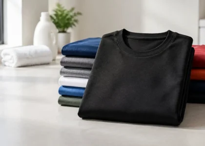 Black and colorful T-shirts arranged to illustrate how to prevent shirts from fading